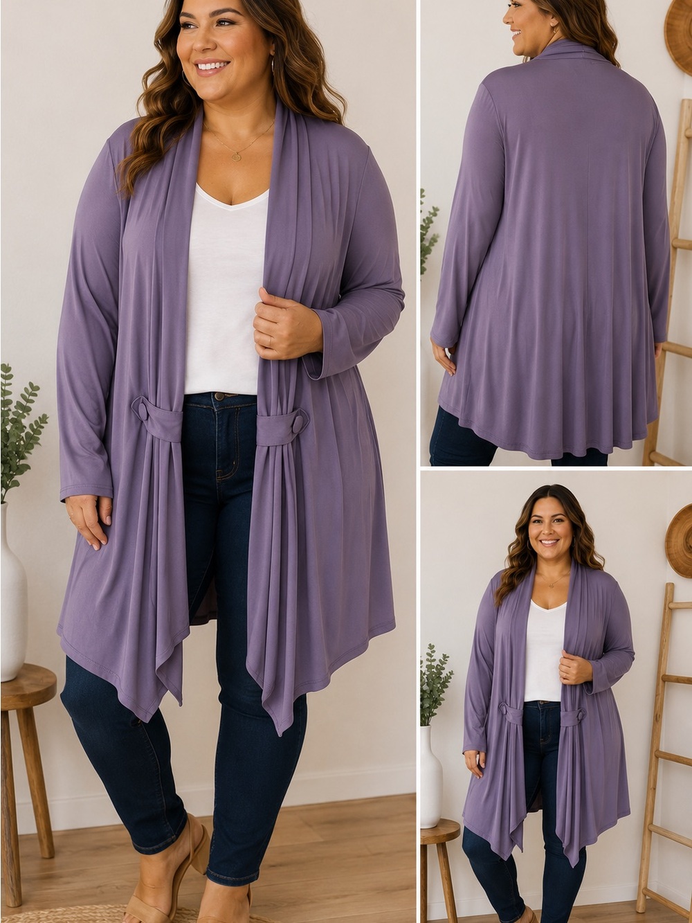 Roamans Purple Open Front Duster Cardigan 3X Stretch Longline Jacket